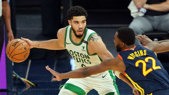 Celtics’ Jayson Tatum on Warriors’ Andrew Wiggins